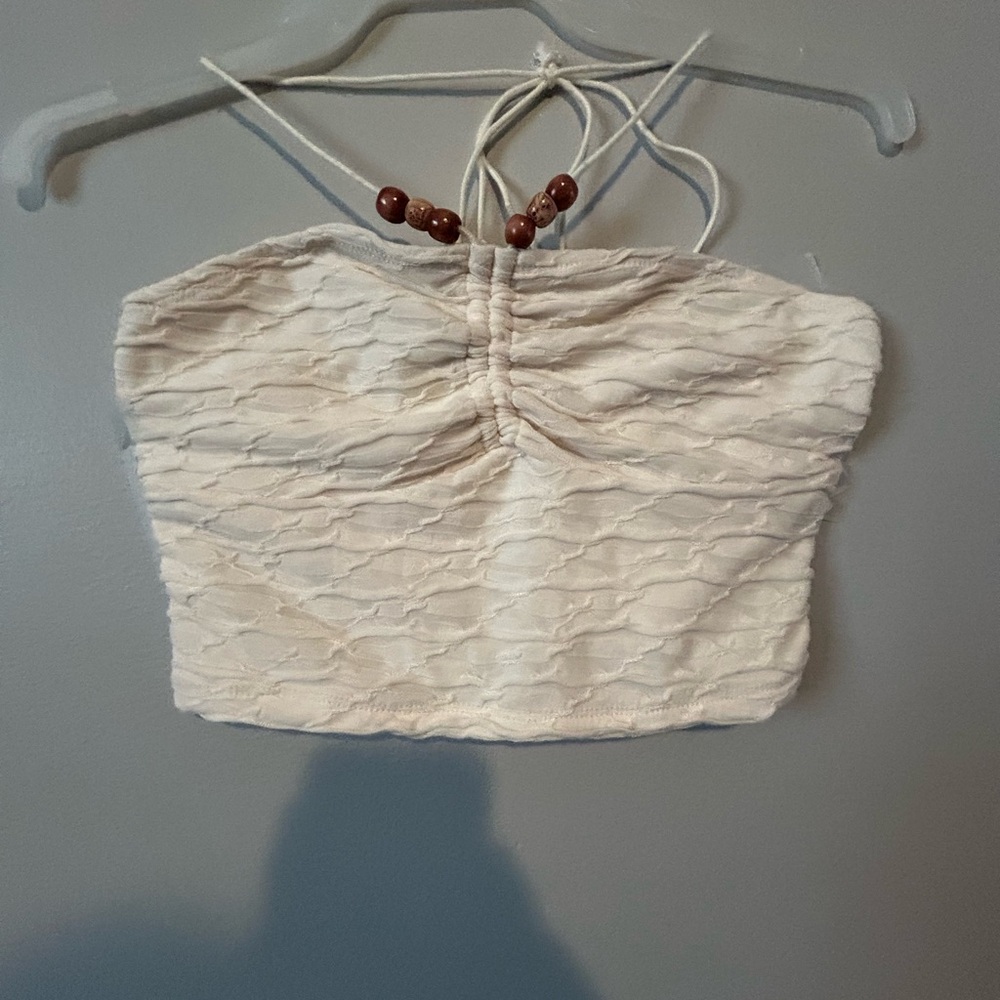 Elegant Cream Textured String Tie Women's Bohemian Elegant Beach  Crop Top